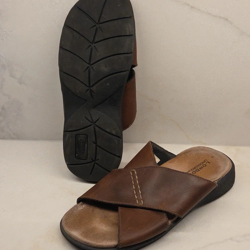 London Underground Holt Brown Leather Slide Sandals Sz 11